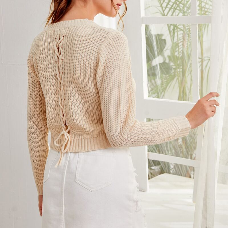 

V Neck Lace Up Back Sweater, Beige