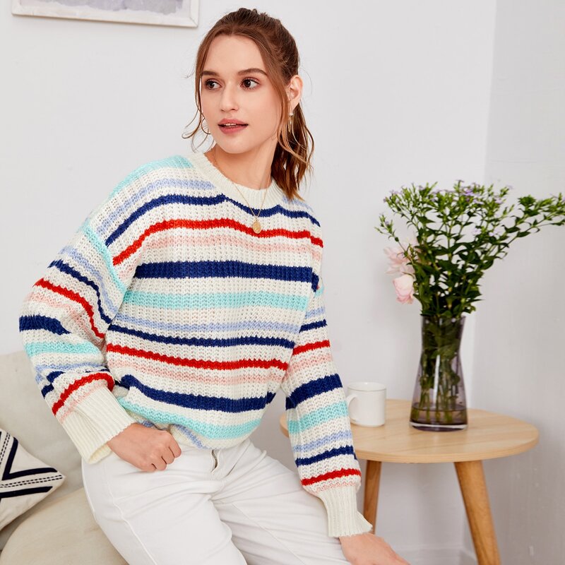

Drop Shoulder Striped Sweater, Multicolor