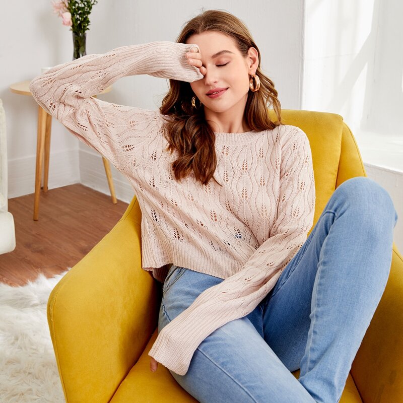 

Pointelle Knit Solid Crop Sweater, Apricot
