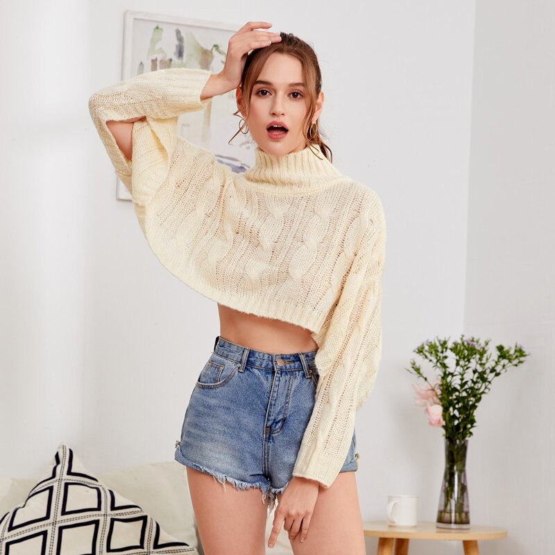 

High Neck Drop Shoulder Cable Knit Crop Sweater, Beige