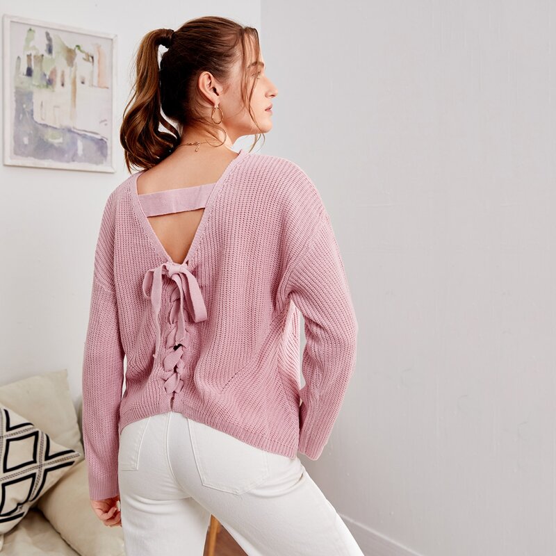 

Cut-out Lace Up Drop Shoulder Sweater, Dusty pink