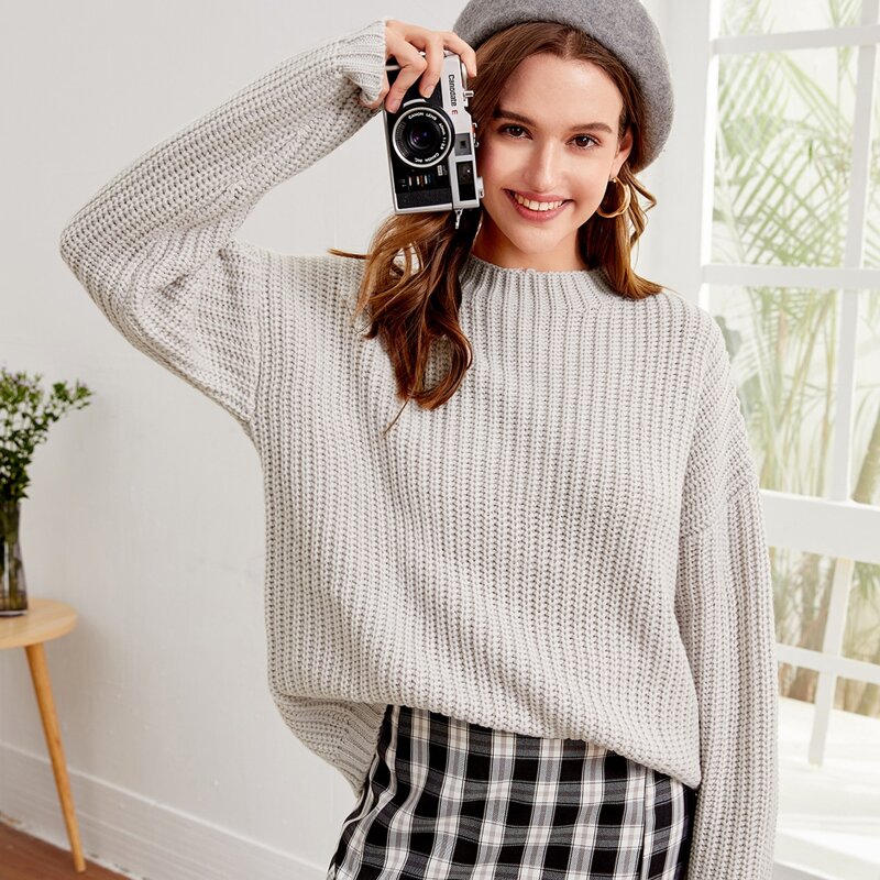 

Drop Shoulder Rib-knit Boyfriend Sweater, Beige