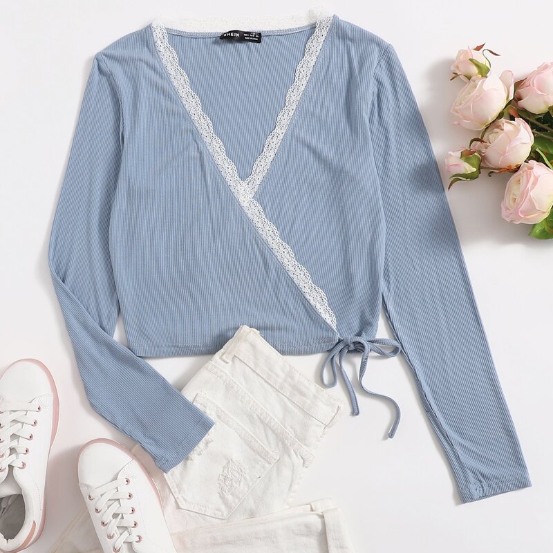 

Wrap Tie Side Lace Trim Rib-knit Top, Baby blue