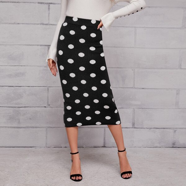 

Polka Dot Pencil Knit Skirt, Black