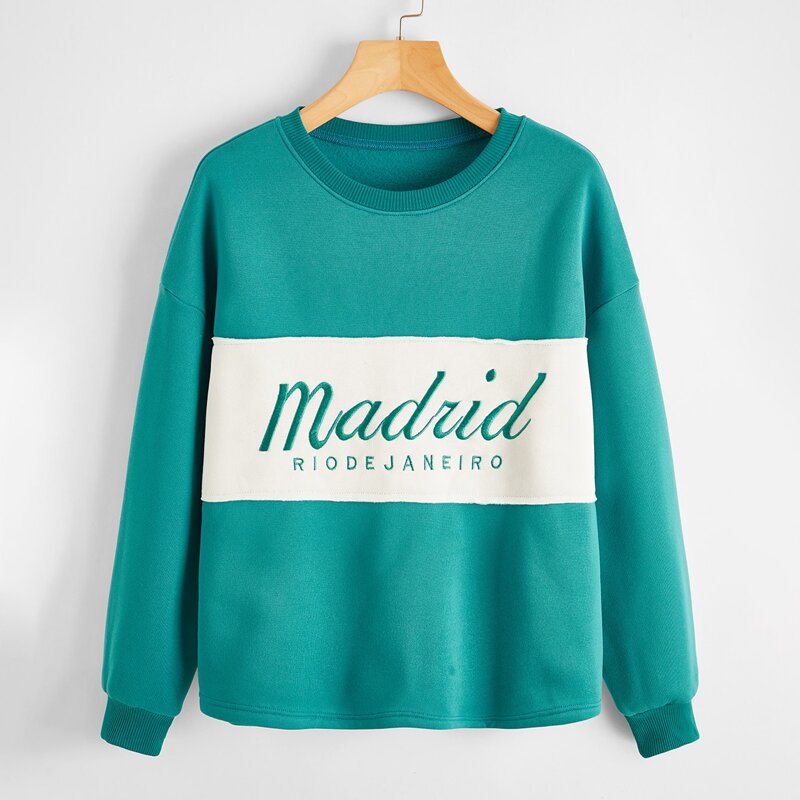 

Color Block Letter Embroidered Pullover, Green