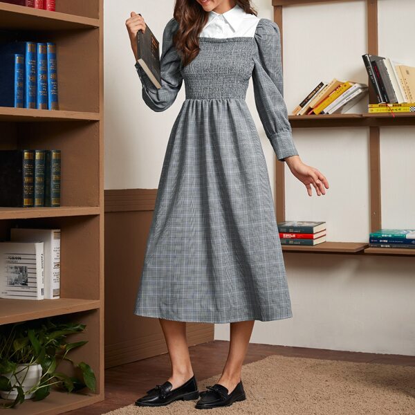 

Puff Sleeve Contrast Yoke Shirred Detail Plaid Dress, Grey