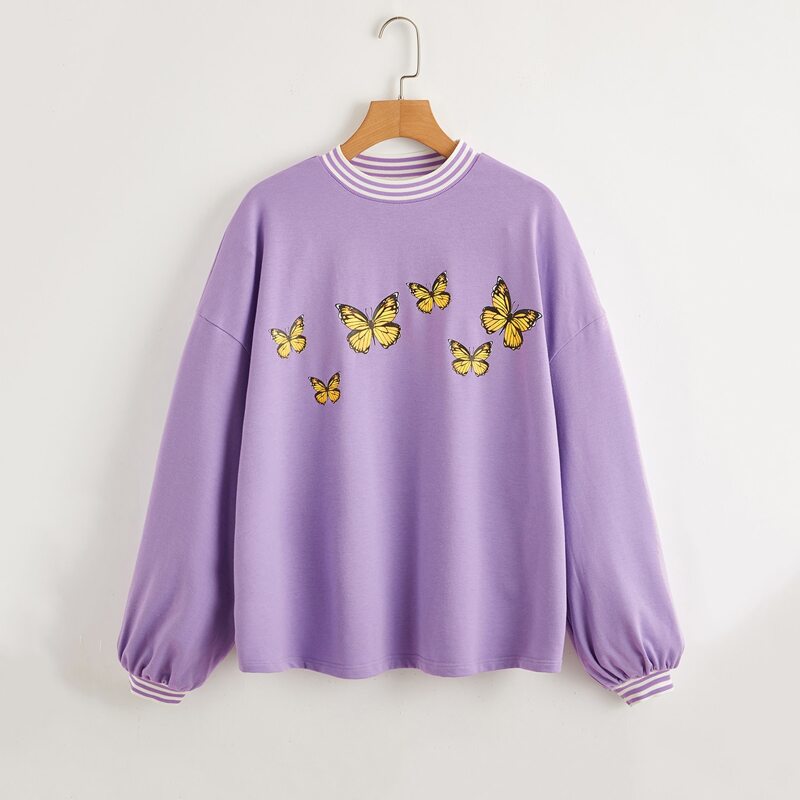 

Drop Shoulder Striped Trim Butterfly Print Pullover, Lilac purple