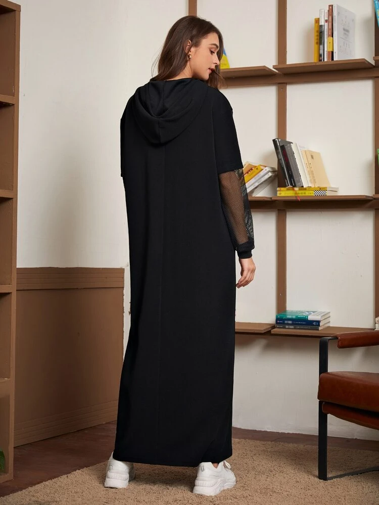 Sheer Fishnet Sleeve Letter Graphic Drawstring Hooded Sweatshirt Dress