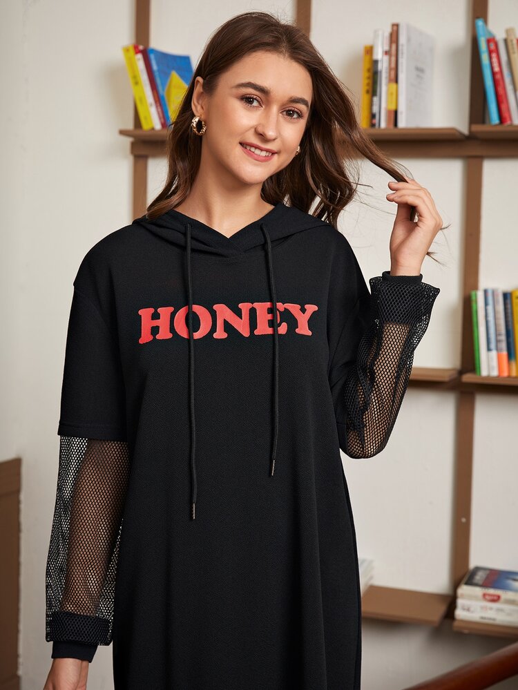 Sheer Fishnet Sleeve Letter Graphic Drawstring Hooded Sweatshirt Dress