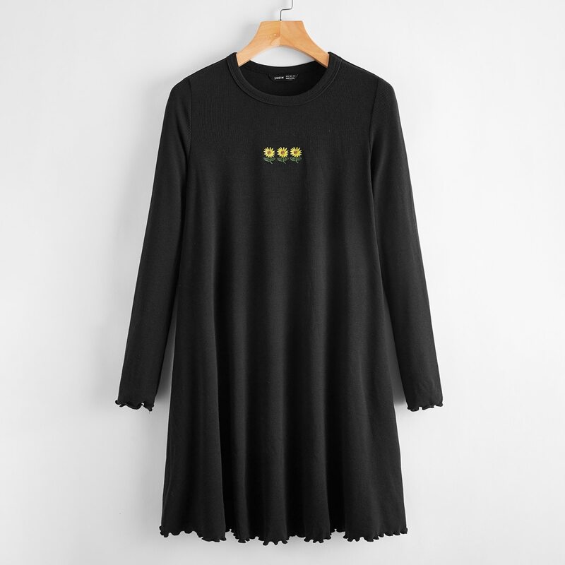 

Flower Embroidery Lettuce Trim Dress, Black