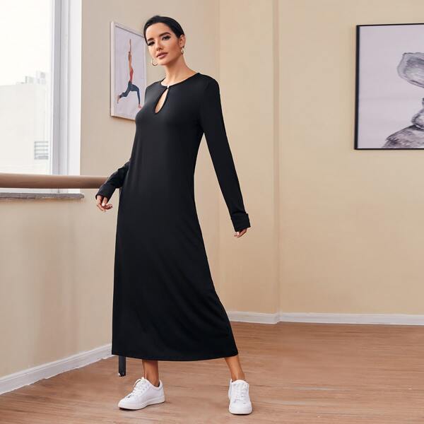 

Solid Keyhole Neck Tee Dress, Black