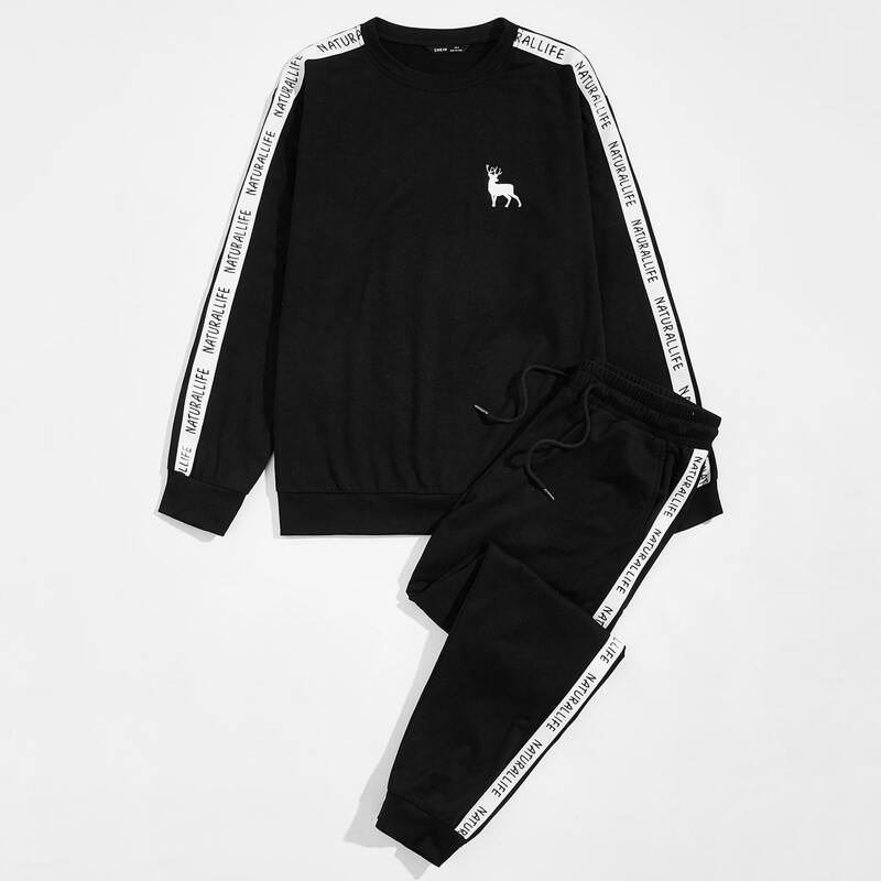 

Guys Contrast Letter Tape Side Pullover & Drawstring Waist Joggers Set, Black