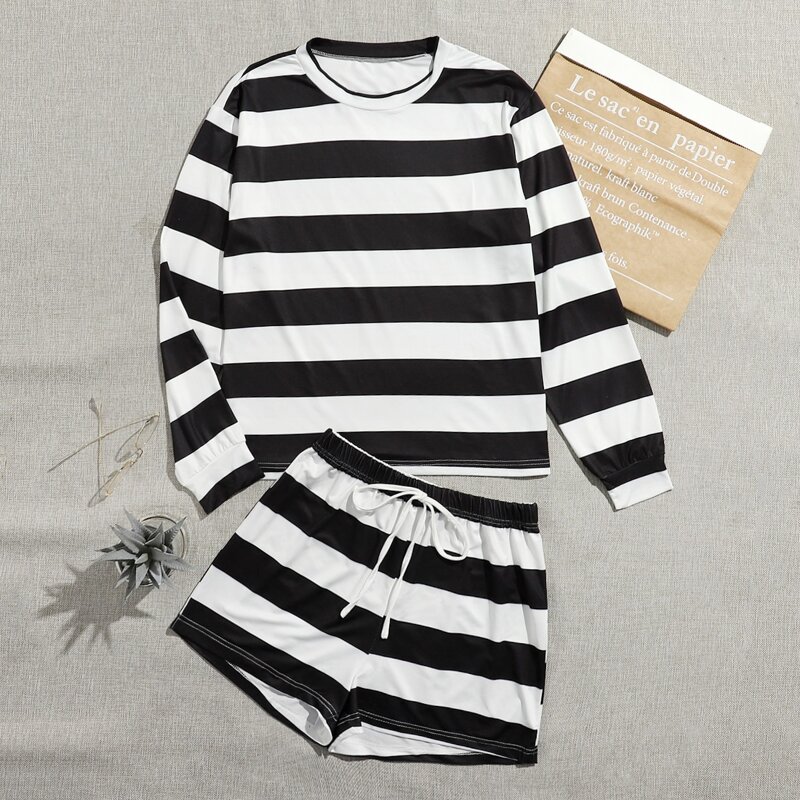 

Stripe Tie Front Shorts PJ Set, Black and white