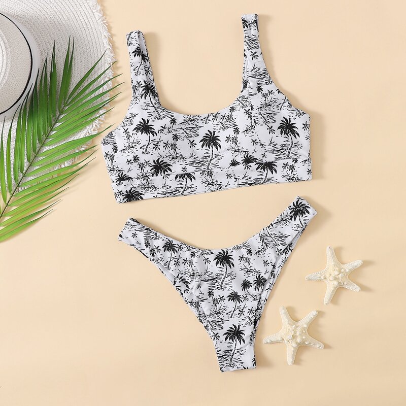 

Tropical High Leg Bikini Swimsuit, Black and white