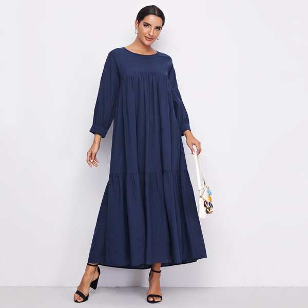 

Flounce Hem Solid Smock Dress, Navy blue