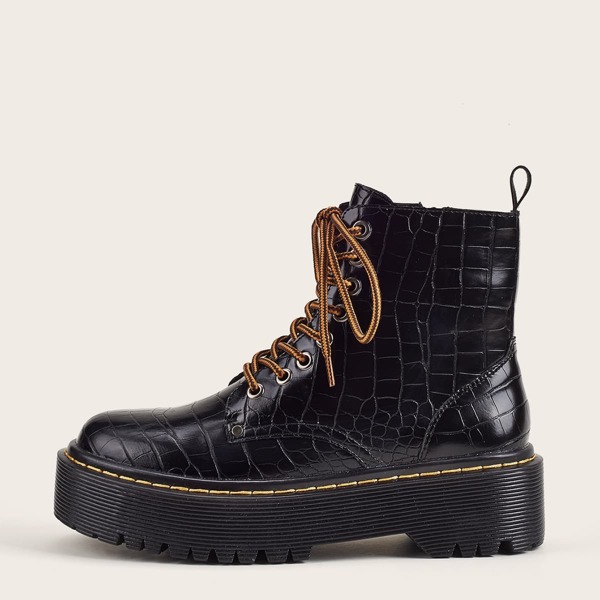 

Lace-up Front Croc Embossed Combat Boots, Black