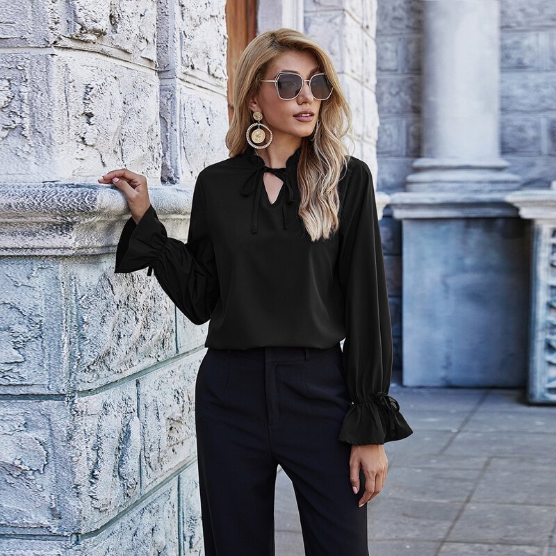 

Frill Neck Tie Cuff Blouse, Black