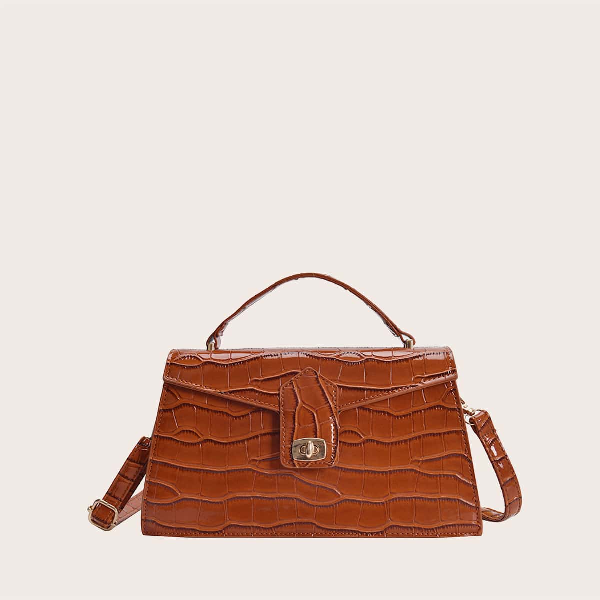 

Croc Embossed Twist Lock Satchel Bag, Brown