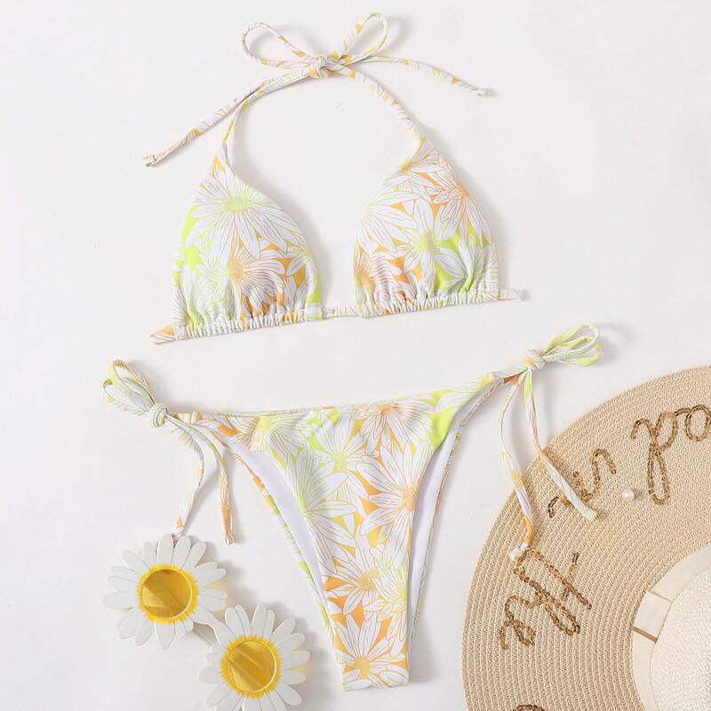 

Floral Triangle Tie Side Bikini Swimsuit, Multicolor