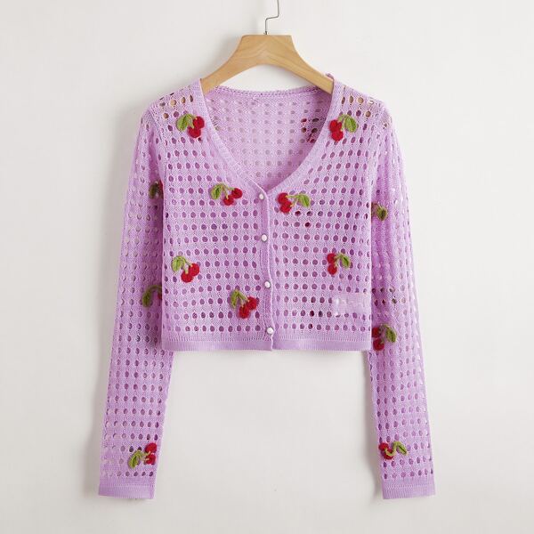 

Cherry Appliques Open Knit Cardigan, Lilac purple