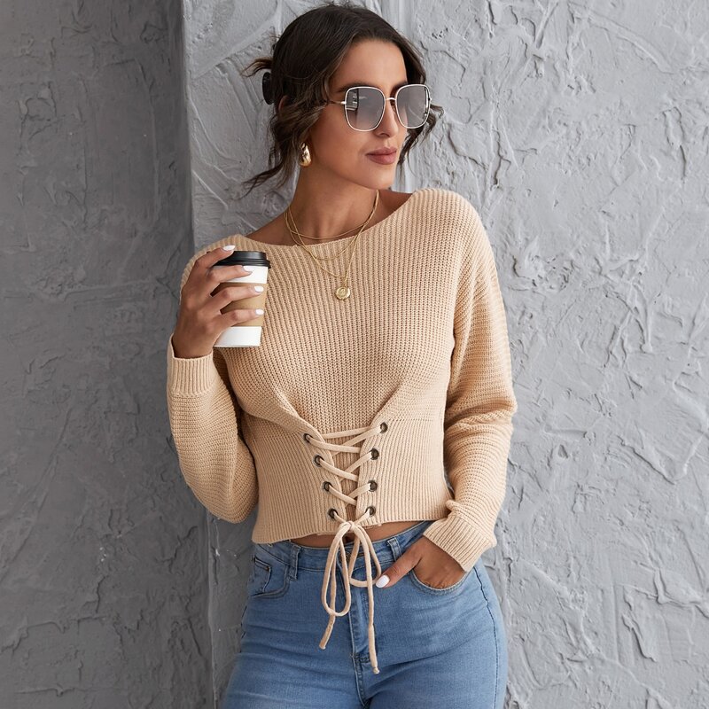 

Drop Shoulder Eyelet Lace Up Knot Sweater, Apricot