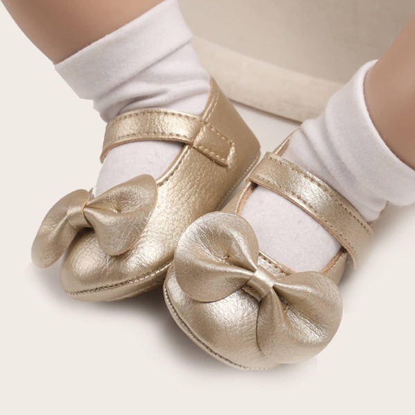 

Baby Girl Bow Decor Velcro Strap Flats, Gold