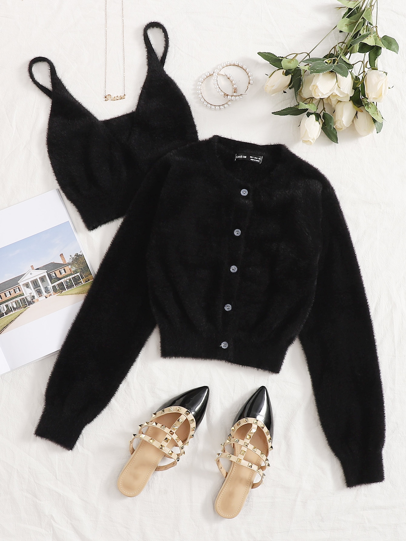 Button Front Fuzzy Knit Cardigan With Cami thumbnail