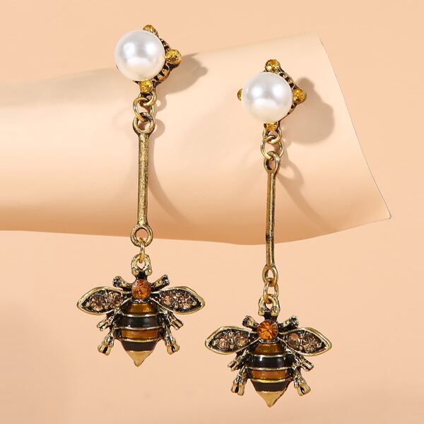 

Rhinestone Decor Bee Drop Earrings, Bronze
