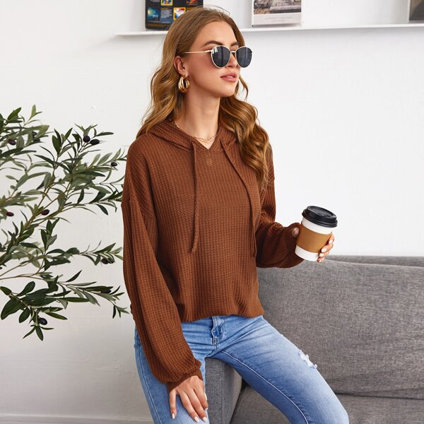 

Waffle Drawstring Oversized Hoodie, Rust brown