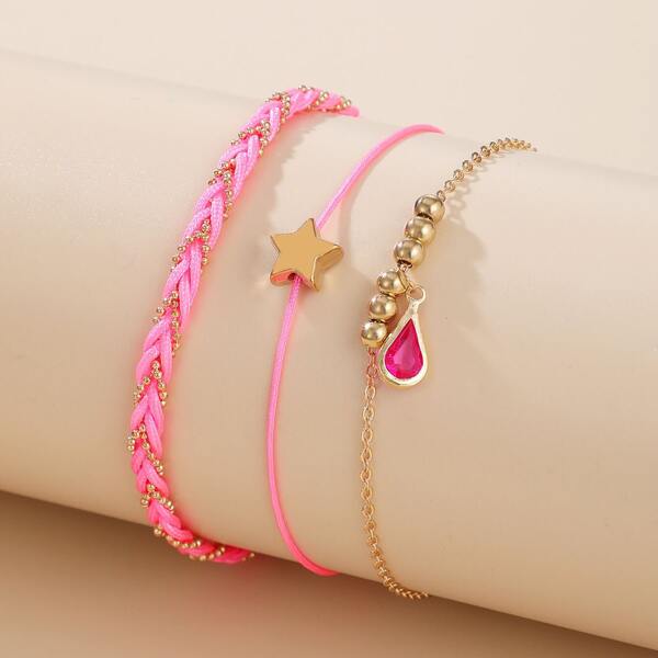 

3pcs Star & Waterdrop Charm Anklet, Pink