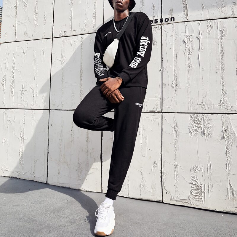 

Guys Drop Shoulder Slogan Graphic Pullover & Joggers Set, Black
