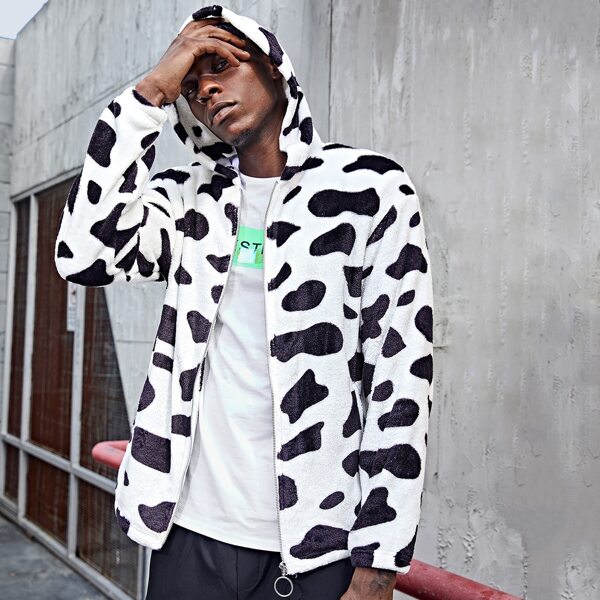

Men Cow Pattern Zipper Placket Hooded Flannel Jacket, Black and white