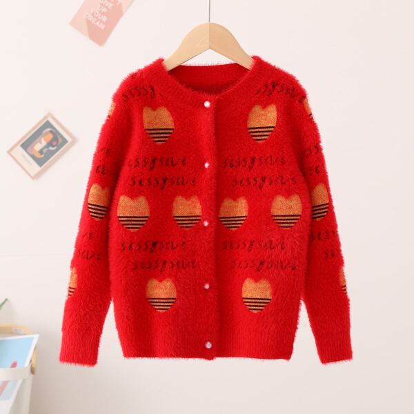 

Girls Heart & Letter Pattern Cardigan, Red