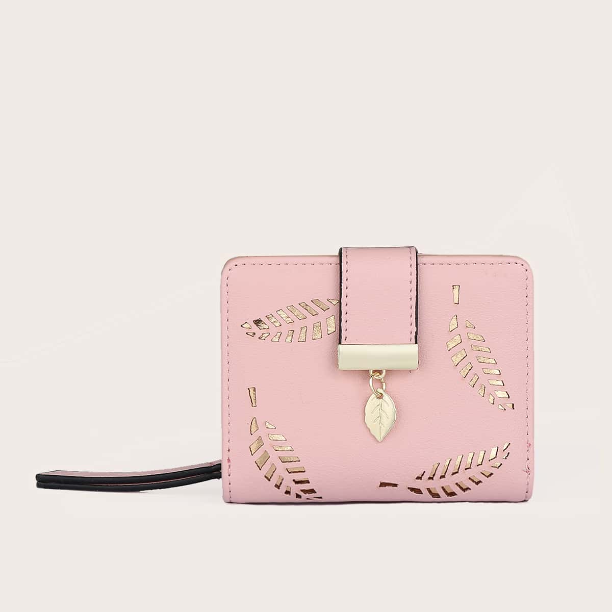 

Metal Leaf Charm Zip Around Purse, Pink