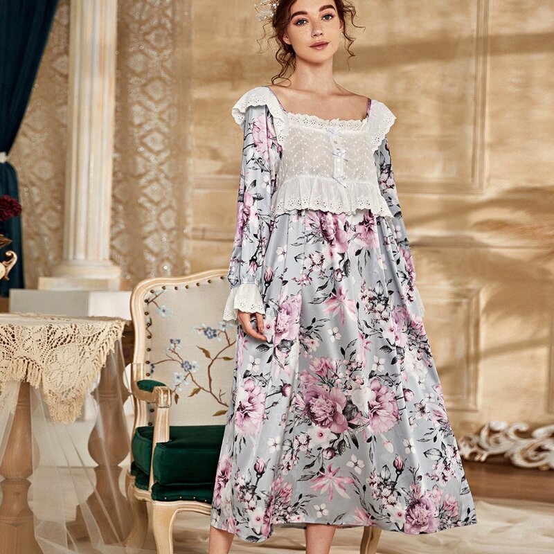 

Floral Print Eyelet Embroidery Ruffle Panel Night Dress, Multicolor