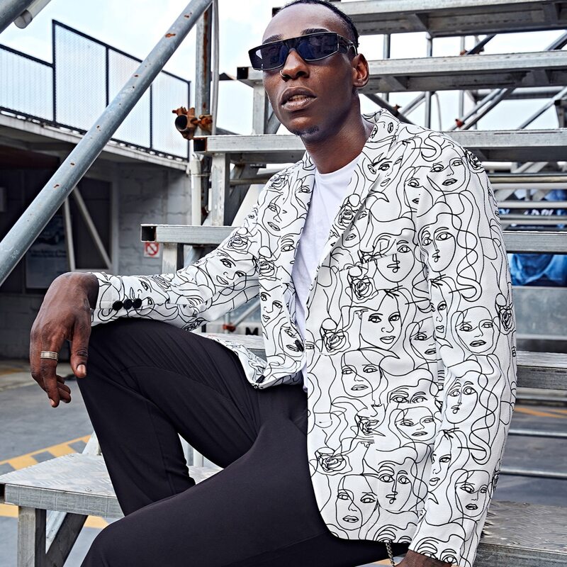

Guys Lapel Collar Figure Print Blazer, Black and white