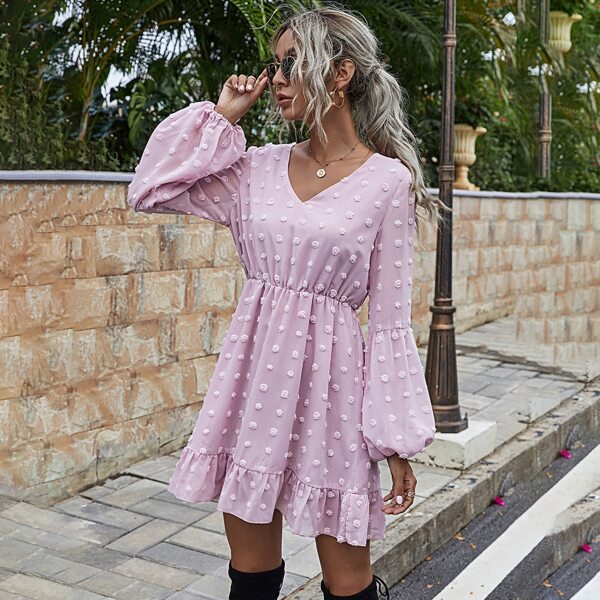 

V-neck Swiss Dot Bishop Sleeve Chiffon Dress, Baby pink
