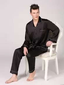 Men Lapel Collar Button Front Top & Pants Satin PJ Set / Pajama Set, Fall Winter Clothes - Black - View 1