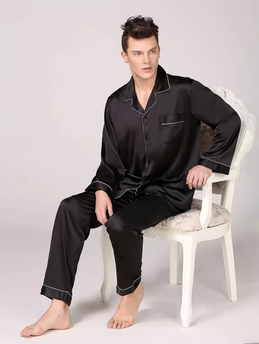 Men Lapel Collar Button Front Top & Pants Satin PJ Set / Pajama Set, Fall Winter Clothes - Black - View 1
