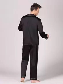 Men Lapel Collar Button Front Top & Pants Satin PJ Set / Pajama Set, Fall Winter Clothes - Black - View 2