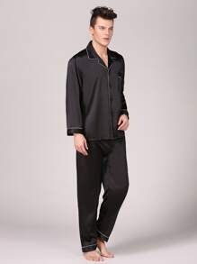 Men Lapel Collar Button Front Top & Pants Satin PJ Set / Pajama Set, Fall Winter Clothes - Black - View 3