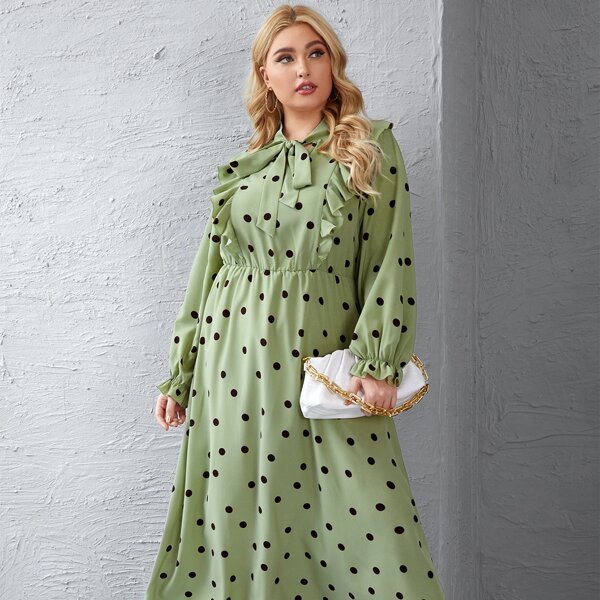 

Plus Tie Neck Ruffle Trim Polka Dot Dress, Lime green