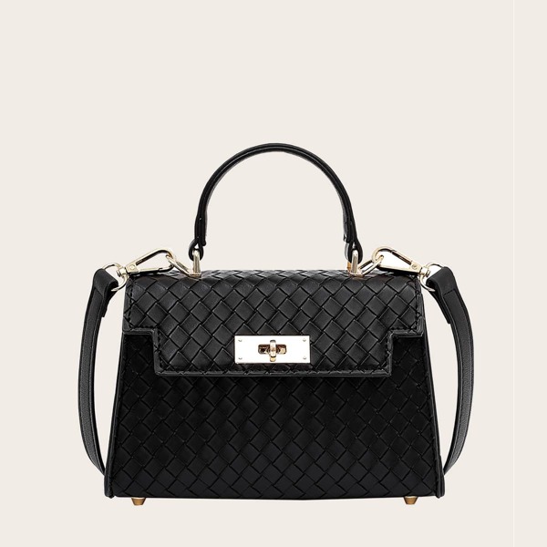 

Braided Design Twist Lock Satchel Bag, Black