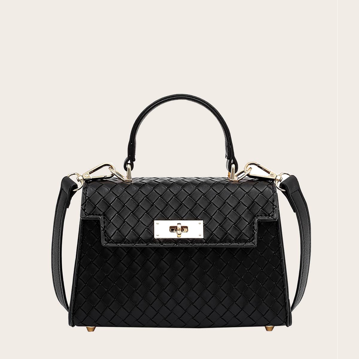 

Braided Design Twist Lock Satchel Bag, Black