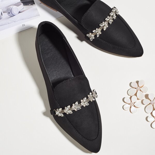 

Rhinestone Decor Point Toe Loafers, Black