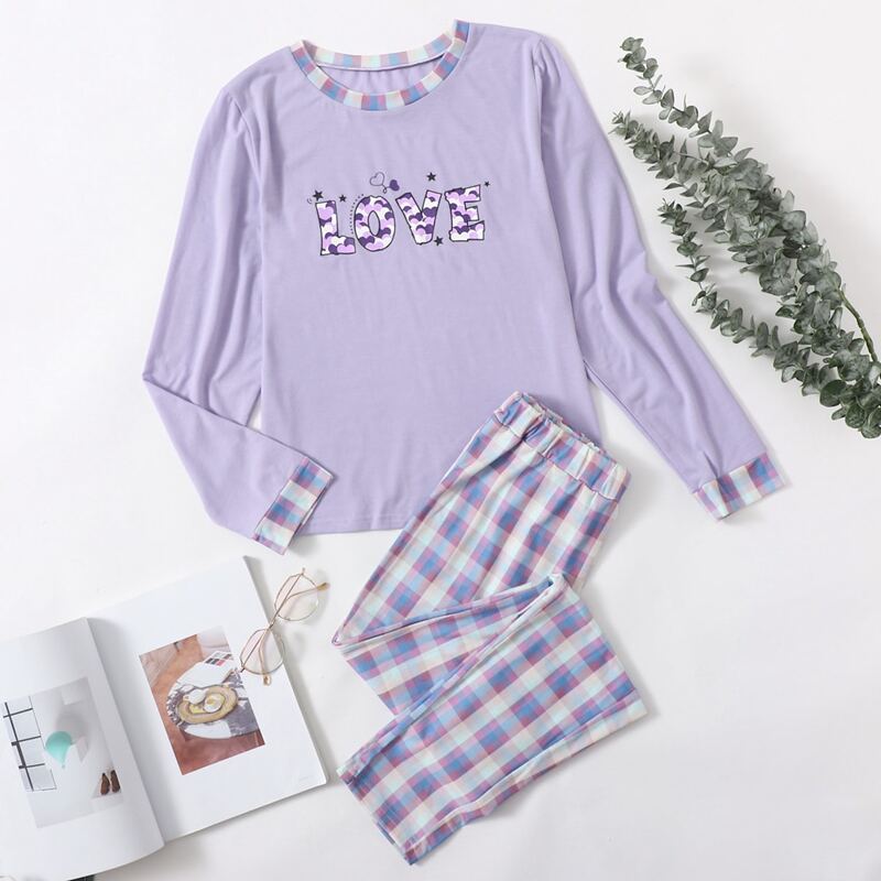 

Letter Graphic Tee & Plaid Pants PJ Set, Lilac purple