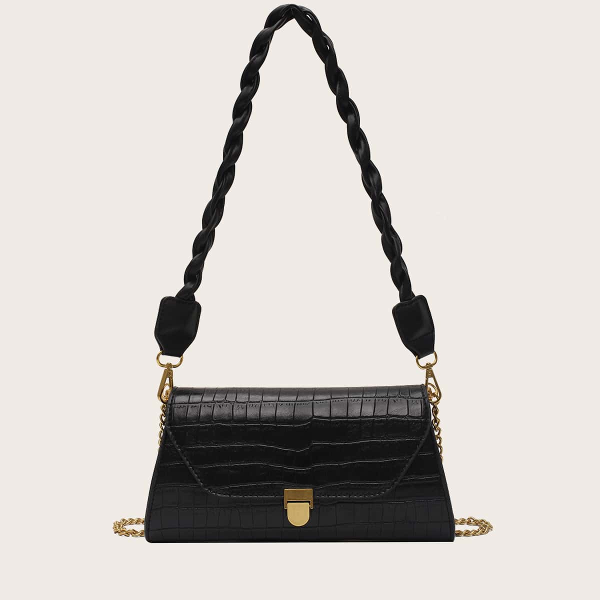 

Croc Embossed Flap Shoulder Bag, Black