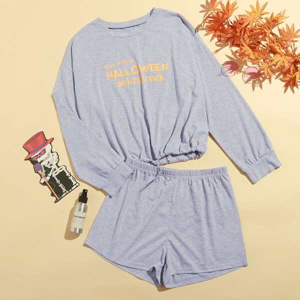 

Letter Graphic Drawstring Hem PJ Set, Light grey