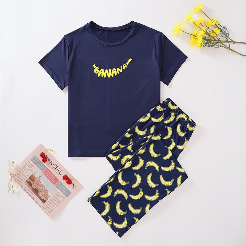 

Banana And Letter Print Pajama Set, Multicolor