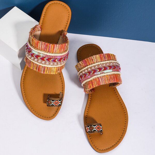 

Toe Loop Fringe Trim Slide Sandals, Yellow
